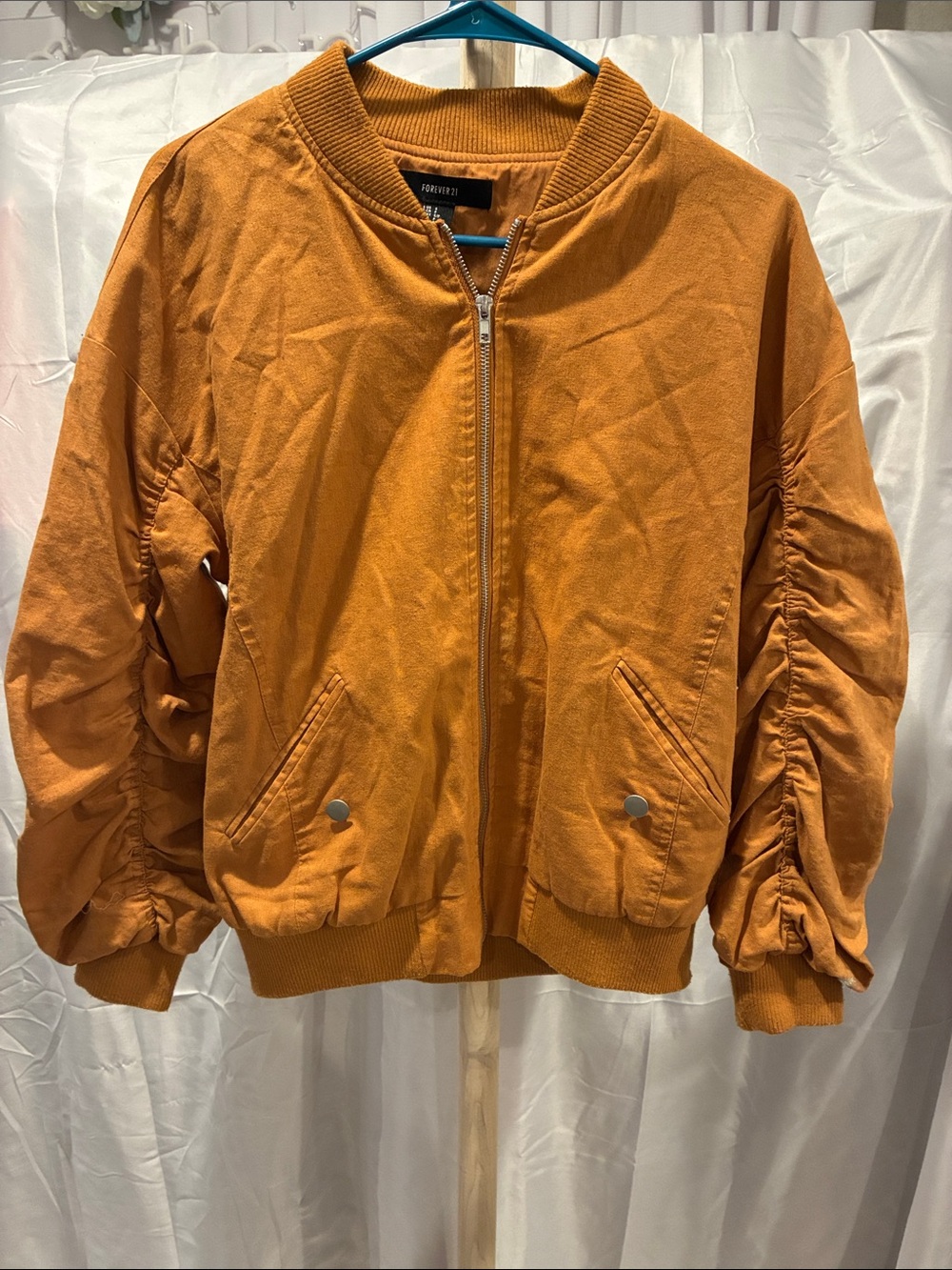 Forever 21 Mustard Ruched-Sleeve Bomber Jacket